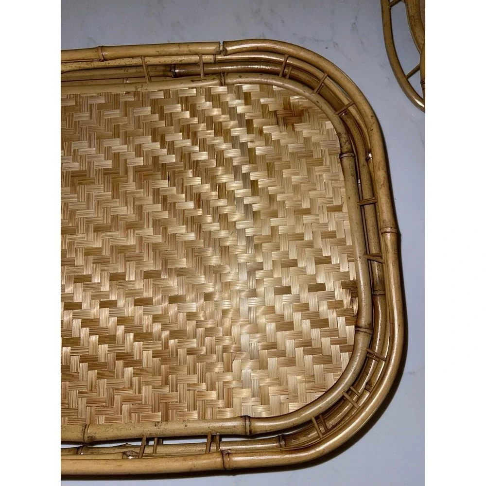 Vintage Mid Century Wicker Rattan Bamboo‎ Serving Trays Tiki Lap Stacking- 8